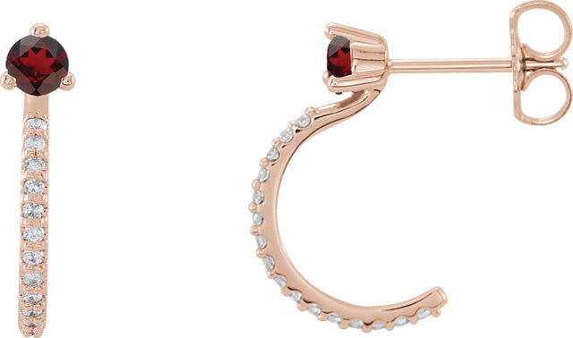 14K Gold Round Natural Mozambique Garnet Accented J-Hoop Earrings - Rose Gold