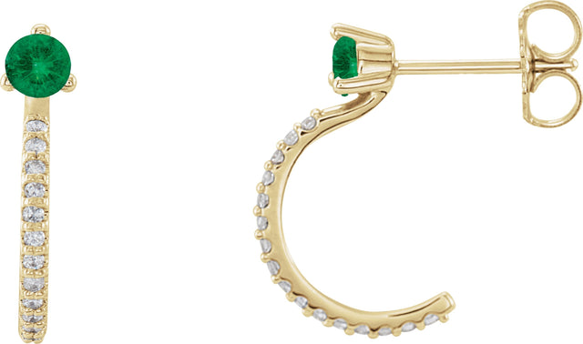 14K Gold Round Natural Emerald Accented J-Hoop Earrings - Yellow Gold