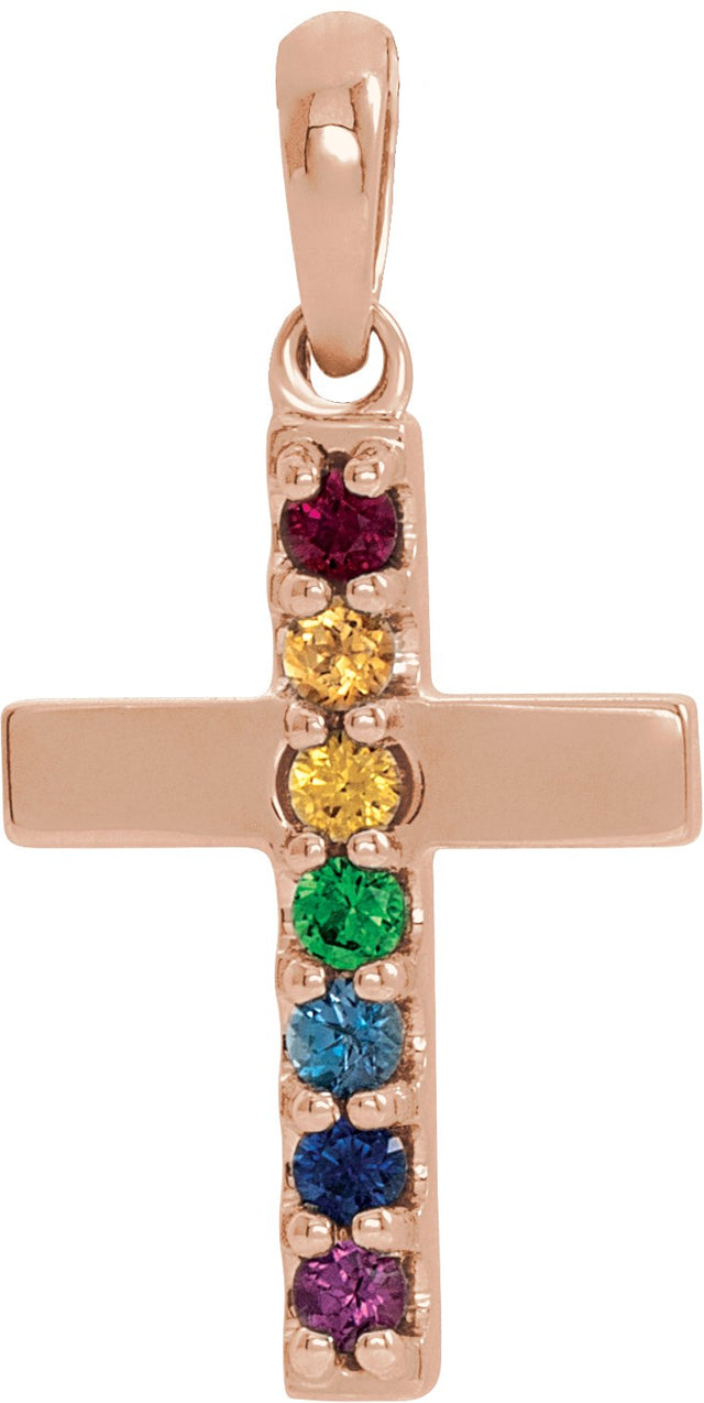 14K Gold Round Natural Multi-Gemstone Accented Cross Necklace or Pendant II - Rose Gold