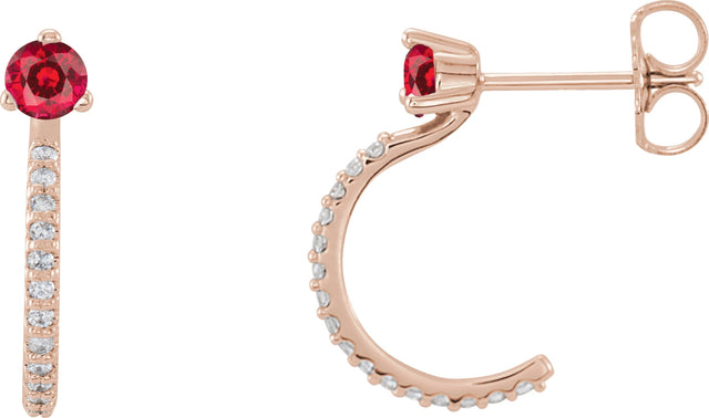 14K Gold Round Lab-Grown Ruby Accented J-Hoop Earrings - Rose Gold