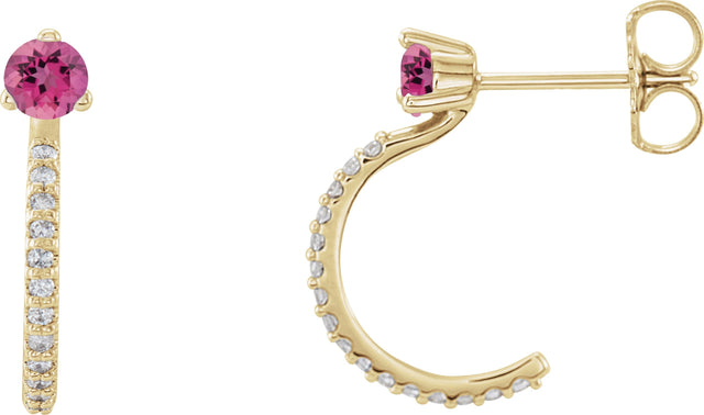 14K Gold Round Natural Pink Tourmaline Accented J-Hoop Earrings - Yellow Gold