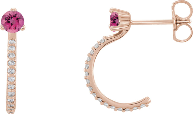 14K Gold Round Natural Pink Tourmaline Accented J-Hoop Earrings - Rose Gold