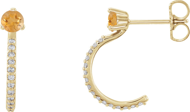 14K Gold Round Natural Citrine Accented J-Hoop Earrings - Yellow Gold