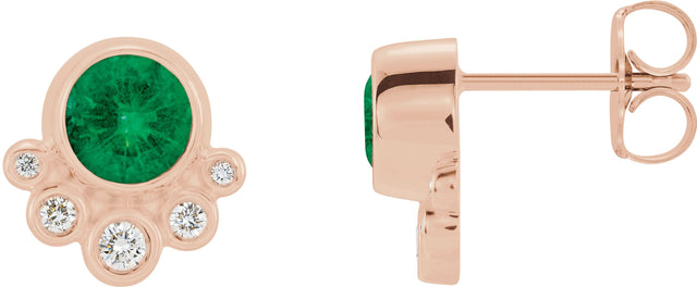 14K Gold Round Natural Emerald Accented Bezel-Set Earrings - Rose Gold
