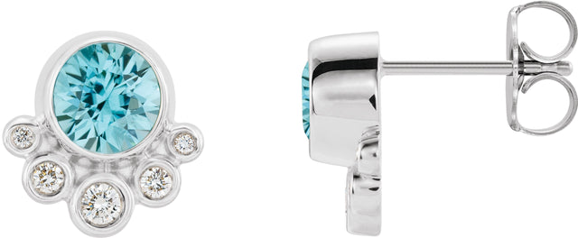 Platinum Round Natural Blue Zircon Accented Bezel-Set Earrings