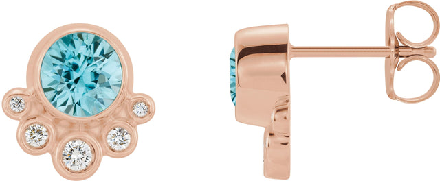 14K Gold Round Natural Blue Zircon Accented Bezel-Set Earrings - Rose Gold