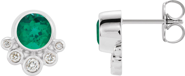 Platinum Round Lab-Grown Emerald Accented Bezel-Set Earrings