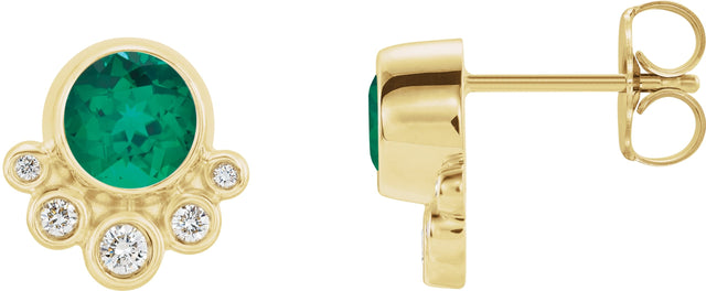 14K Gold Round Lab-Grown Emerald Accented Bezel-Set Earrings - Yellow Gold