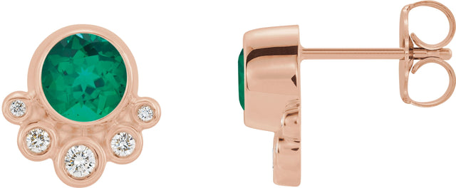 14K Gold Round Lab-Grown Emerald Accented Bezel-Set Earrings - Rose Gold