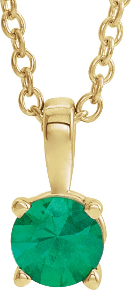 14K Gold Round Natural Emerald Birthstone Necklace or Pendant - Yellow Gold
