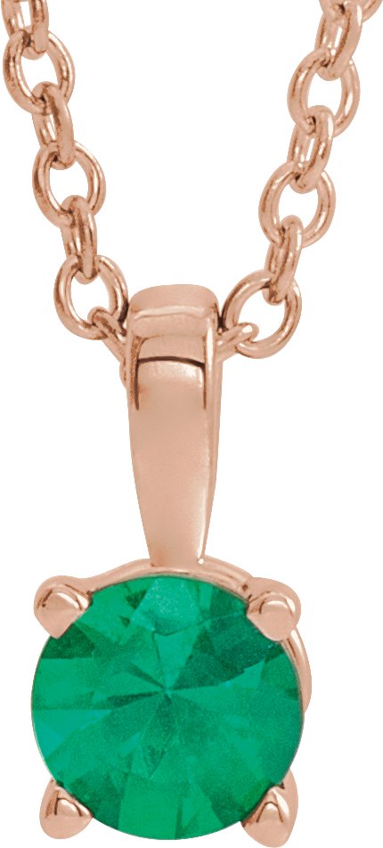14K Gold Round Natural Emerald Birthstone Necklace or Pendant - Rose Gold