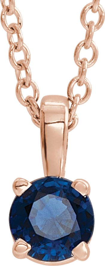 14K Gold Round Natural Blue Sapphire Birthstone Necklace or Pendant - Rose Gold