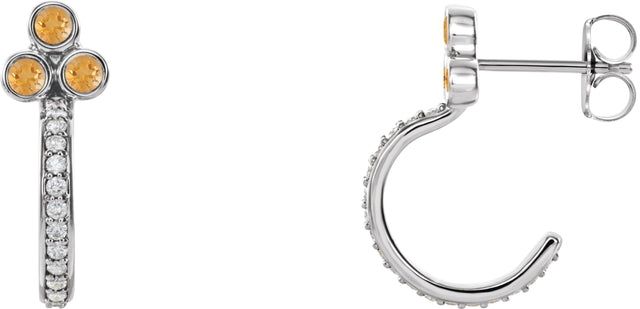14K Gold Round Natural Citrine Accented Bezel-Set J-Hoop Earrings - White Gold