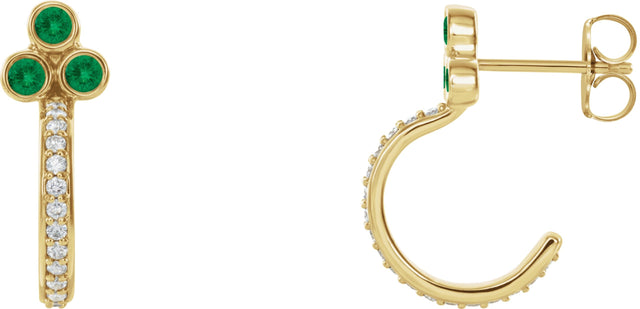 14K Gold Round Natural Emerald Accented Bezel-Set J-Hoop Earrings - Yellow Gold