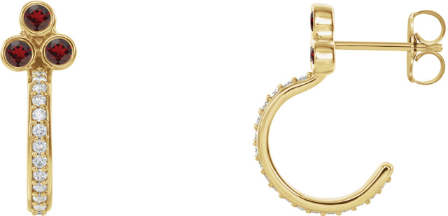 14K Gold Round Natural Mozambique Garnet Accented Bezel-Set J-Hoop Earrings - Yellow Gold