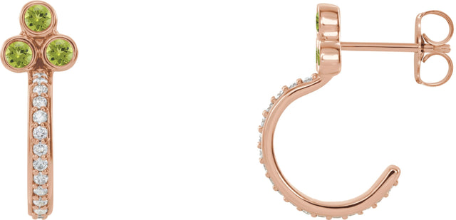14K Gold Round Natural Peridot Accented Bezel-Set J-Hoop Earrings - Rose Gold
