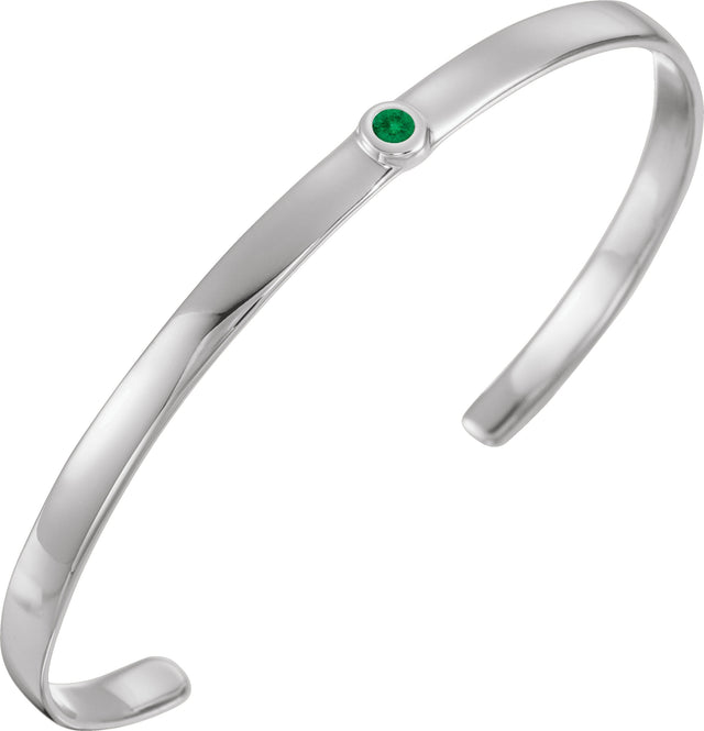 14K Gold Round Natural Emerald Bezel-Set Cuff Bracelet - White Gold