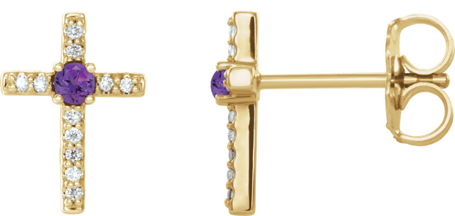 14K Gold Round Natural Amethyst Accented Cross Earrings – 1.5-2mm Stones - Yellow Gold