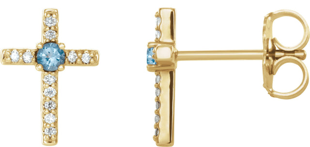 14K Gold Round Natural Aquamarine Accented Cross Earrings – 1.5-2mm Stones - Yellow Gold