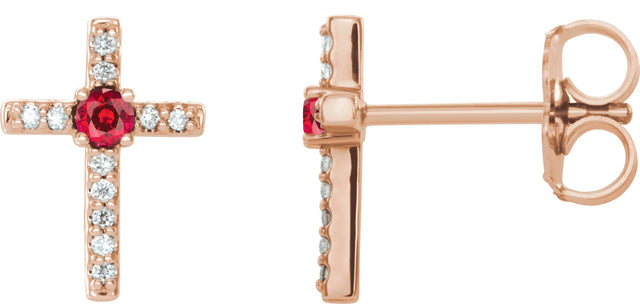 14K Gold Round Lab-Grown Ruby Accented Cross Earrings - Rose Gold