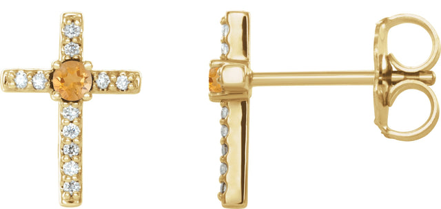 14K Gold Round Natural Citrine Accented Cross Earrings – 1.5-2mm Stones - Yellow Gold