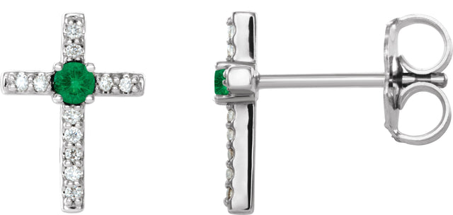 14K Gold Round Natural Emerald Accented Cross Earrings – 1.5-2mm Stones - White Gold