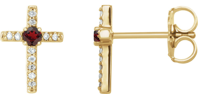 14K Gold Round Natural Mozambique Garnet Accented Cross Earrings – 1.5-2mm Stones - Yellow Gold