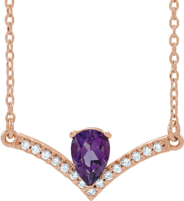 14K Gold Pear Natural Amethyst Accented V Necklace - Rose Gold