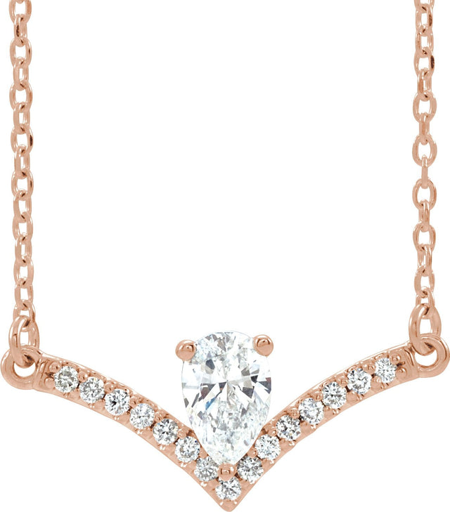 14K Gold Pear Natural Diamond Accented V Necklace - Rose Gold