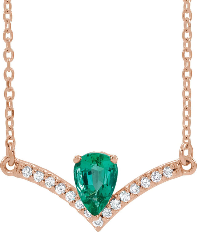14K Gold Pear Lab-Grown Emerald Accented V Necklace - Rose Gold