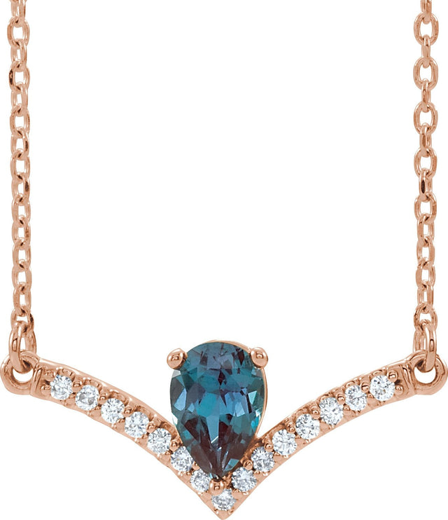 14K Gold Pear Lab-Grown Alexandrite Accented V Necklace - Rose Gold
