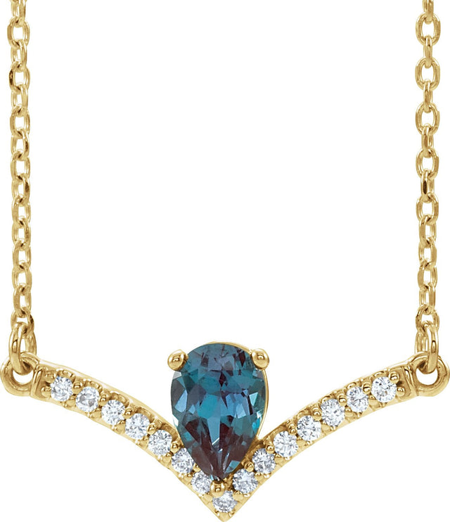 14K Gold Pear Lab-Grown Alexandrite Accented V Necklace - Yellow Gold