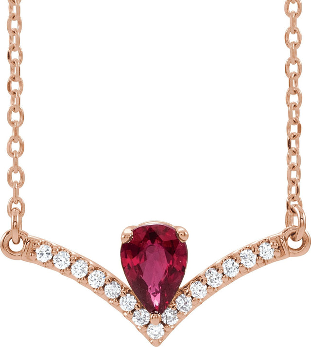 14K Gold Pear Natural Ruby Accented V Necklace - Rose Gold