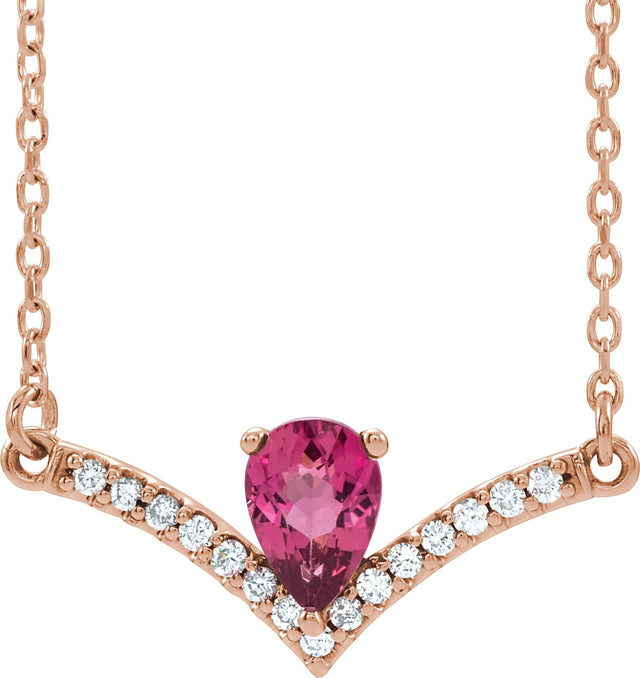 14K Gold Pear Natural Pink Tourmaline Accented V Necklace - Rose Gold