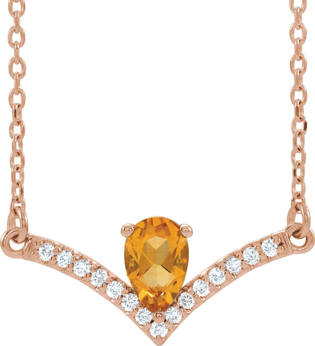 14K Gold Pear Natural Citrine Accented V Necklace - Rose Gold