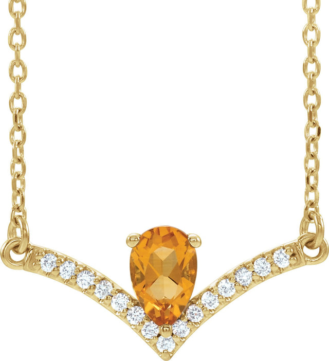 14K Gold Pear Natural Citrine Accented V Necklace - Yellow Gold