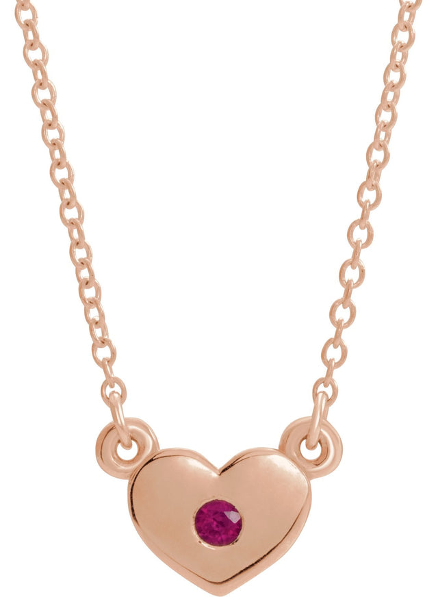 14K Gold Round Natural Ruby Heart Necklace - Rose Gold
