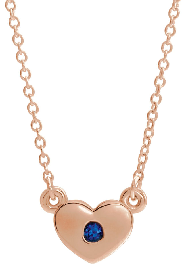 14K Gold Round Lab-Grown Blue Sapphire Heart Necklace - Rose Gold