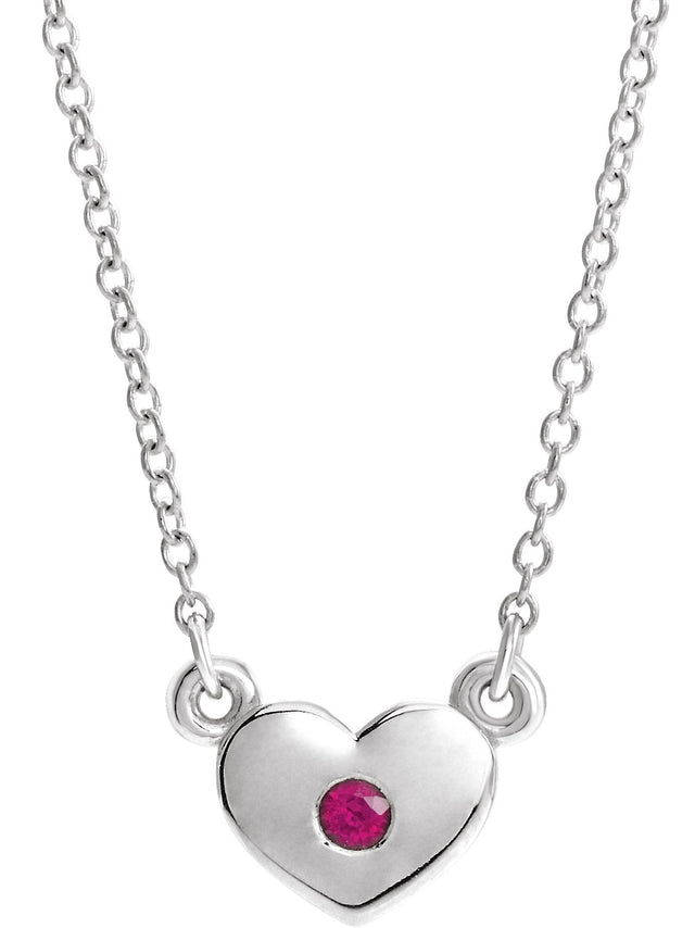 14K Gold Round Natural Ruby Heart Necklace - White Gold