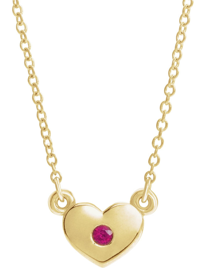 14K Gold Round Natural Ruby Heart Necklace - Yellow Gold