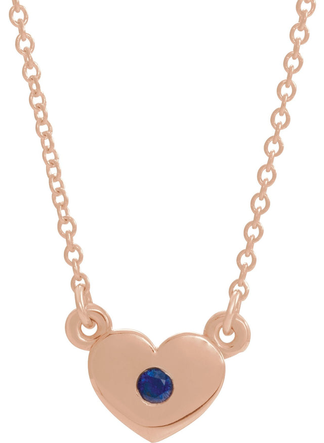 14K Gold Round Natural Blue Sapphire Heart Necklace - Rose Gold