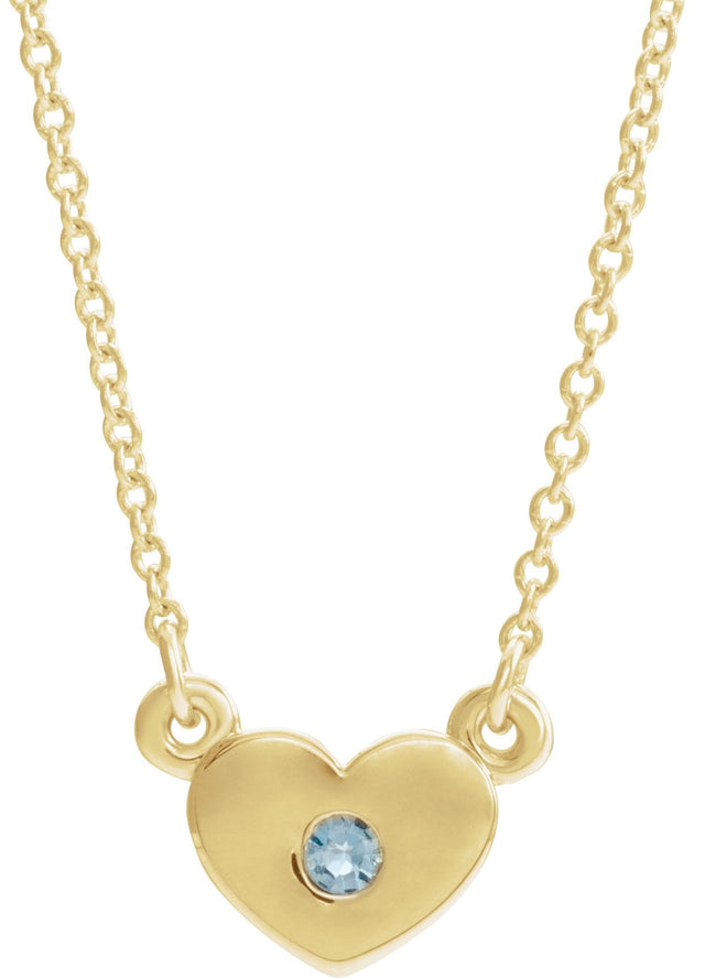 14K Gold Round Natural Aquamarine Heart Necklace - Yellow Gold