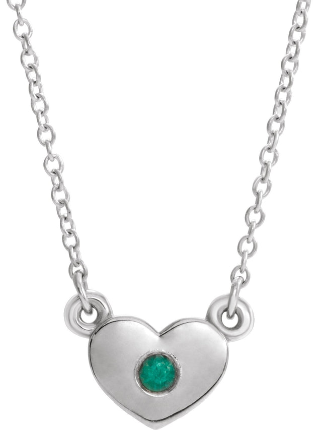 14K Gold Round Natural Emerald Heart Necklace - White Gold
