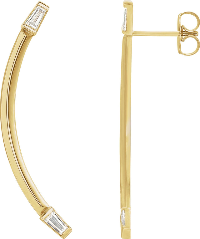 14K Gold Tapered Baguette Natural Diamond Baguette Accented Curved Bar Earrings - Yellow Gold
