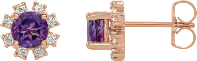 14K Gold Natural Amethyst Round 4-Prong Halo-Style Earrings - Rose Gold