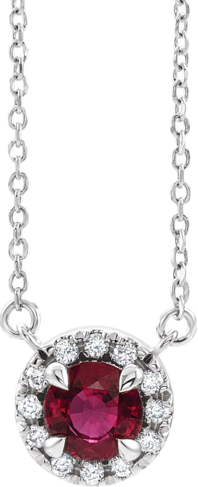 Platinum Round Natural Ruby French-Set Halo-Style Necklace