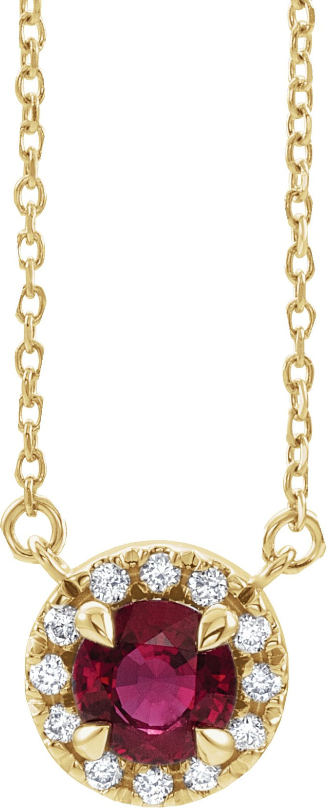 14K Gold Round Natural Ruby Natural Diamond French-Set Halo-Style Necklace - Yellow Gold