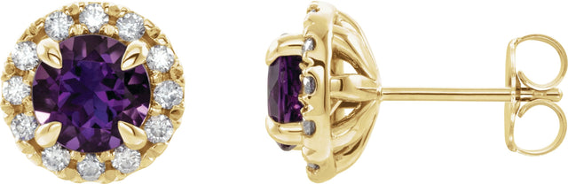 14K Gold Round Natural Amethyst French-Set Halo-Style Earrings - Yellow Gold