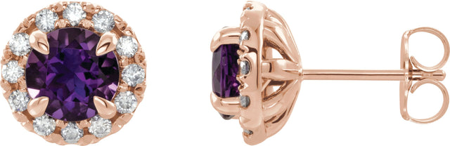 14K Gold Round Natural Amethyst French-Set Halo-Style Earrings - Rose Gold