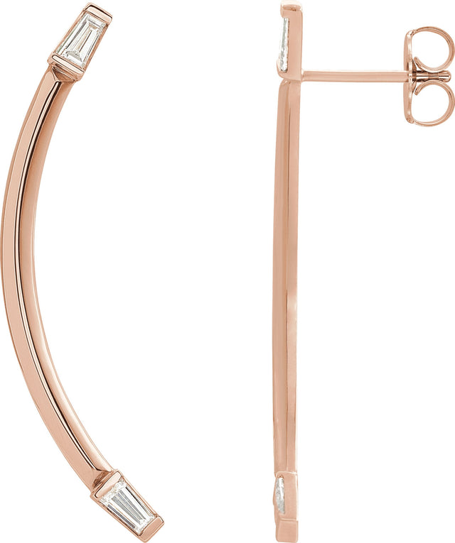 14K Gold Tapered Baguette Natural Diamond Baguette Accented Curved Bar Earrings - Rose Gold